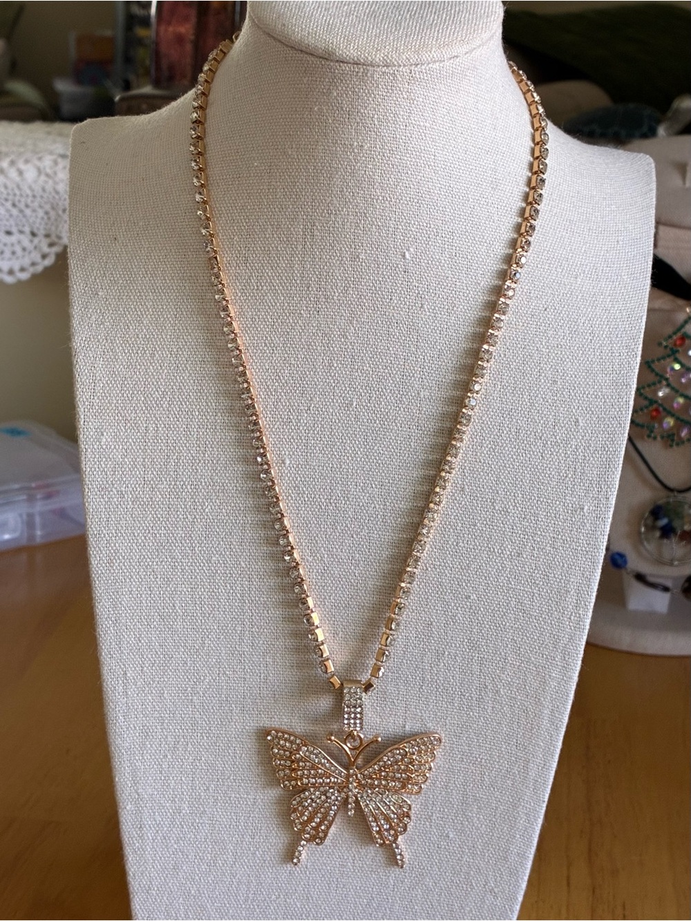 Rose Gold-Tone Butterfly Pendant Necklace with Crystal Accents.